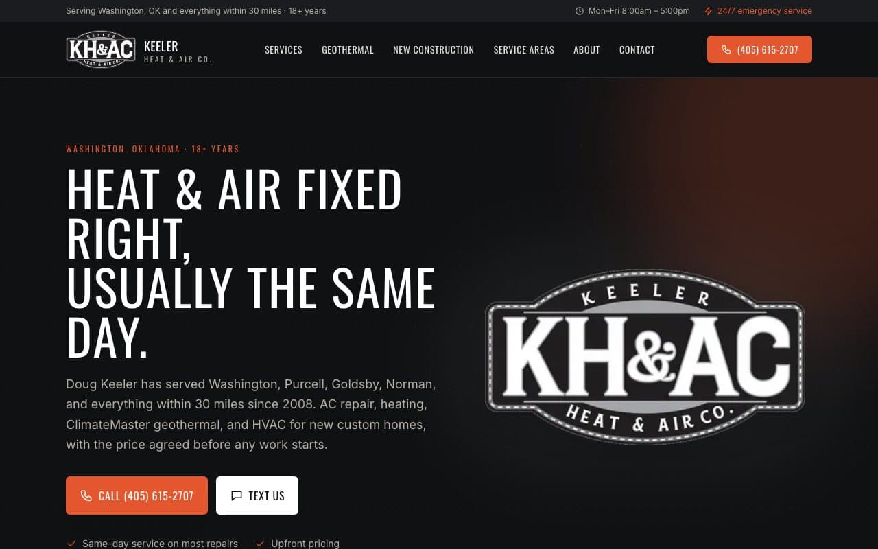 Homepage of the Keeler Heat & Air Co. website